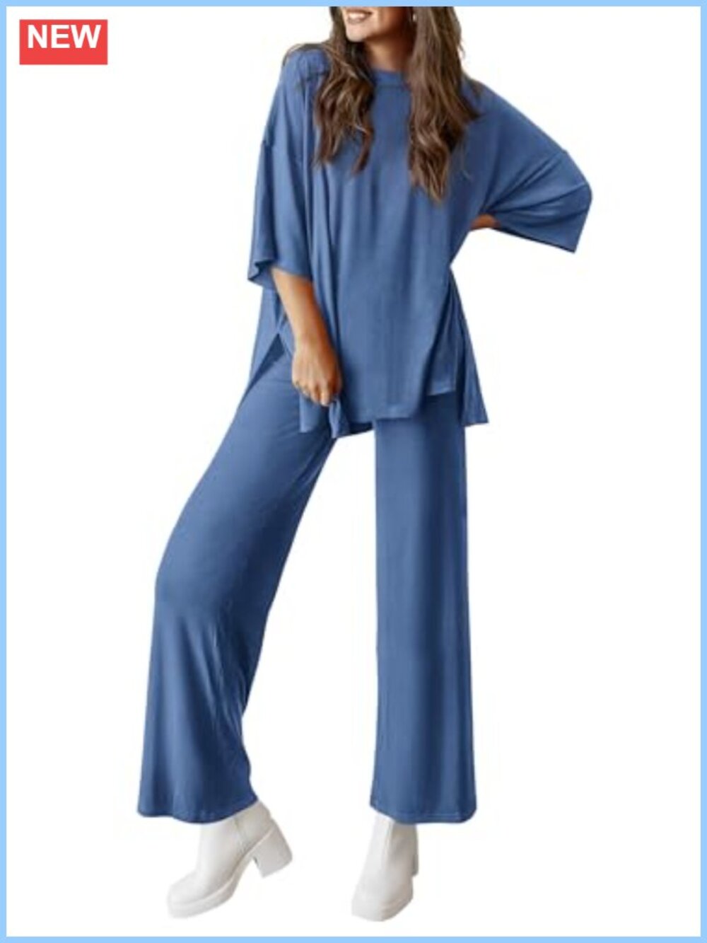 Women's Lounge Matching Set Two Piece Knit Short Sleeve Wide Leg Pants Pockets